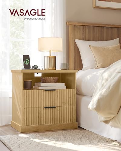 VASAGLE Set of 2 Nightstands with Charging Station, 2 Drawers, Open Shelf