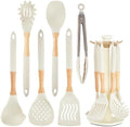 Kitchen Utensils Set - 7 PCS Non-Stick Silicone Cooking Utensils Set Spatula Set with Holder, Wooden Handle Spoon,Tongs,Whisk Kitchen Gadgets Tools Set for Nonstick Cookware (Cream White-7Max)