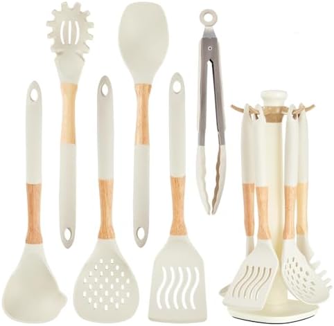 Kitchen Utensils Set - 7 PCS Non-Stick Silicone Cooking Utensils Set Spatula Set with Holder, Wooden Handle Spoon,Tongs,Whisk Kitchen Gadgets Tools Set for Nonstick Cookware (Cream White-7Max)