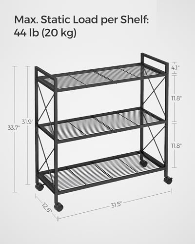 SONGMICS 3-Tier Steel Storage Rack with Wheels, Mesh Shelving Unit