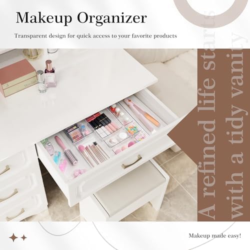 Criusia 11 PCS Clear Plastic Drawer Organizer Set - 5 Large Size Versatile Kitchen and Bathroom Organizer Trays, Non-Slip Storage Bins for Makeup, Utensils, Tool and Office Desk