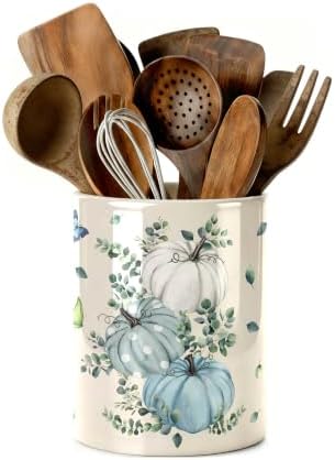 Fall Blue Kitchen Utensil Holder, Pumpkin Large Ceramic Utensil Holder For Kitchen Organizer, Autumn Farm 6.3'' Cooking Utensil Crocks Rustic Decor Utensil Storage Cup for Countertop