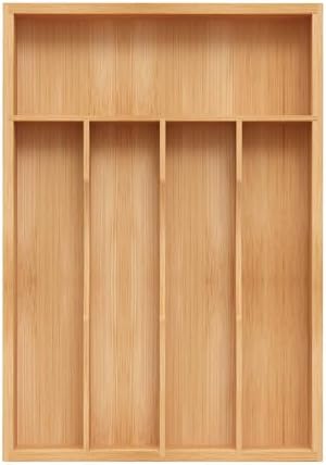 Bamboo Silverware Organizer, Kitchen Drawer Organizer, Utensil Holder, Cutlery Tray & Spoon Flatware Storage with Grooved Drawer Dividers (9.5''W x 13.5''D)