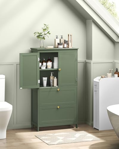 VASAGLE Bathroom Floor Cabinet with 2 Doors, 2 Drawers, Forest Green