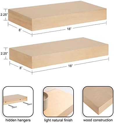 Kate and Laurel Havlock Modern Natural Floating Shelves; Set of 2; 18 x 8; Natural Wood; Mid-Century Bathroom and Kitchen Shelves for Storage and Display Decor