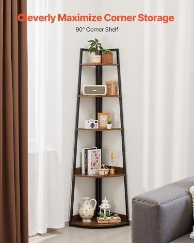 VEVOR 5 Tier Corner Shelf, Tall Corner Bookshelf Plant Rack, Wall Shelves Tower Storage Organizer with Metal Frame & Wooden Shelves, Narrow Display Book Shelf Rack for Bedroom, Living Room, Office