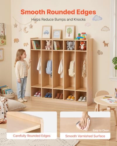 VEVOR 5-Section Classroom Coat Locker, 10 Cubbies for Daycare, Classroom Cubbies with 4 Casters & 5 Hooks, Daycare Furniture for Home, School, Nursery, Kindergarten