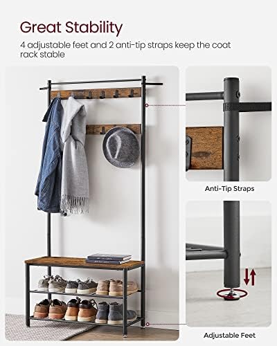 VASAGLE Coat Rack, Hall Tree with Shoe Storage Bench, 3-in-1, Steel Frame