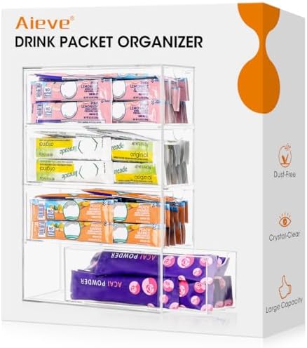 AIEVE Drink Packet Organizer, Drink Mix Holder with 4 Clear Drawers