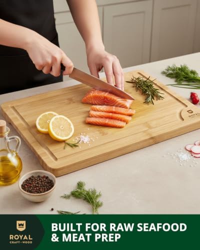 ROYAL CRAFT WOOD Wooden Cutting Boards for Kitchen Meal Prep & Serving - Bamboo Wood Serving Board Set with Deep Juice Groove Side Handles - Charcuterie & Chopping Butcher Block for Meat