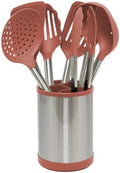 Glad Kitchen Utensils Set, 8pcs - Nonstick Cooking Tools with Stainless Steel Handles & Rotating Utensil Holder - Turners, Ladle, Spoon, Tongs, Spaghetti Server, and Skimmer - Dishwasher Safe, Rust