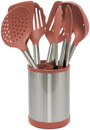 Glad Kitchen Utensils Set, 8pcs - Nonstick Cooking Tools with Stainless Steel Handles & Rotating Utensil Holder - Turners, Ladle, Spoon, Tongs, Spaghetti Server, and Skimmer - Dishwasher Safe, Rust