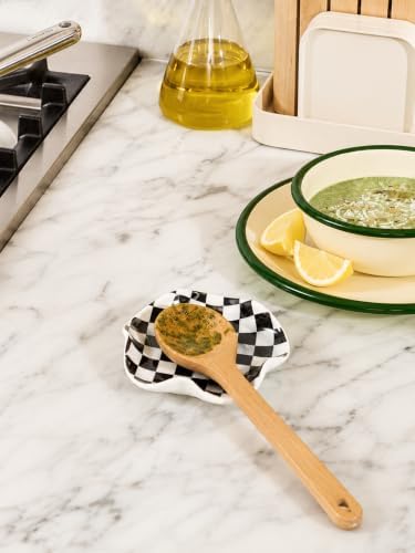 Miamolo Spoon Rest for Stove Top, 5.3in Checkered Spoon Holder Utensil Rest, Ceramic Spoon Rests for Coffee Bar, Kitchen Gadget Cooking Gift for Housewarming - Heat Resistant & Dishwasher Safe