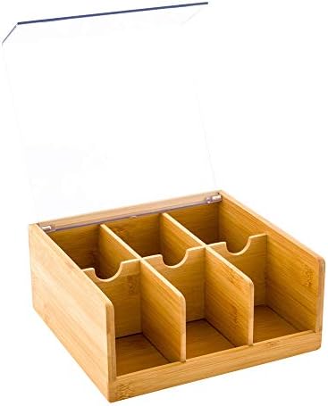 Restaurantware-8.5 x 8 x 3.5 Inch Tea Box Organizer, 1 Sustainable Tea Box Container - 6 Compartments, With Plastic Cover, Bamboo Tea Bag Organizer Storage Box, Durable, For Countertops And Cabinets