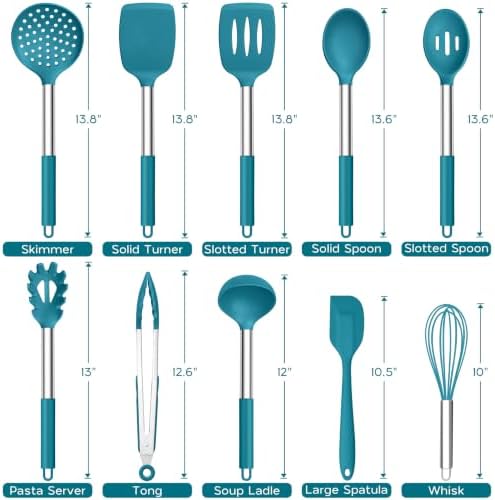 Onader 10 Pieces Silicone Kitchen Utensils Set, Cooking Utensils with Holder and Heat Resistant Stainless Steel Handle for Nonstick Cookware -Blue