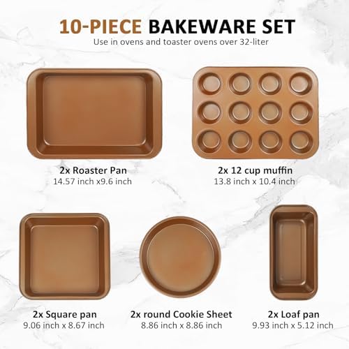 KOOMADE 10PCS Nonstick Baking Pans Set - Bakeware Sets for Cooking, Oven and Dishwasher Safe, Non Toxic, Includes Cookie Sheets for Baking, Muffin Pan, Bread Pan, Cake pan, Loaf Pan, Roasting Pan Gold