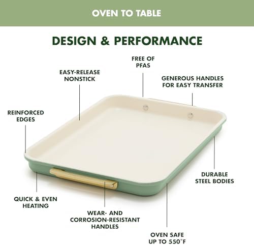 GreenPan Bakeware Set, 7 Piece Nonstick Ceramic Gold Handle Baking Sheets, Cake Pans, Loaf Pan, Muffin Tin, Cooling Rack, PFAS & BPA Free, Freezer to Oven Dish, Bake & Roast Ovenware, Sage Green