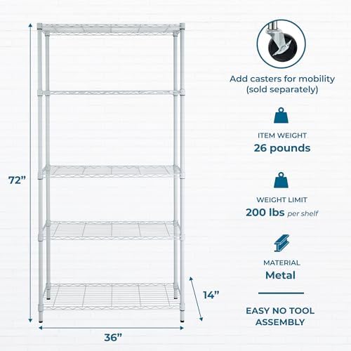 Honey-Can-Do 5-Tier White Wire Shelving Unit, 200 lb/Shelf, 36x14x72 in