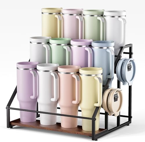 3-Tier Stanley Cup Rack with Lid Organizer, for 12 Tumblers, Natural Wood