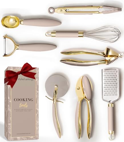 Styled Settings Beige and Gold Kitchen Utensils Set, 8-Piece
