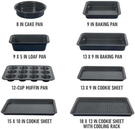 Calphalon Legacy 10-Pieces Nonstick Bakeware Set PFOA-Free, Baking Sheet Set, Carbon Steel Bakeware Pans Collection, High-Heat Oven Safe, for Cookies, Cakes, and Muffins -Blue/Grey Interior