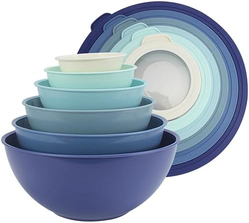 COOK WITH COLOR Mixing Bowls with TPR Lids - 12 Piece Plastic Nesting Bowls Set includes 6 Prep Bowls and 6 Lids, Microwave Safe (Blue)