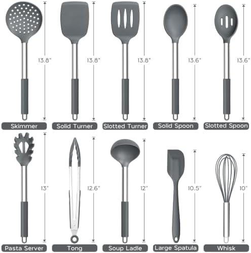 Onader 10 Pieces Silicone Kitchen Utensils Set, Cooking Utensils with Holder and Heat Resistant Stainless Steel Handle for Nonstick Cookware -Gray
