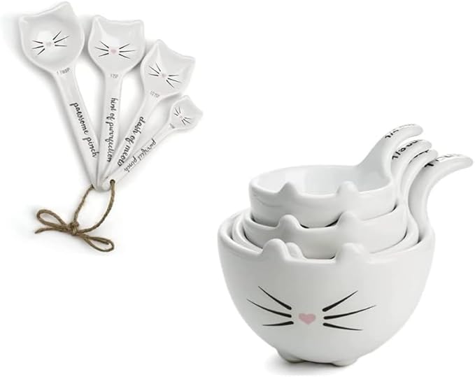 White Cat Measuring Cups & Spoons Gift Set – Ceramic Kitchen Tools by VOTUM