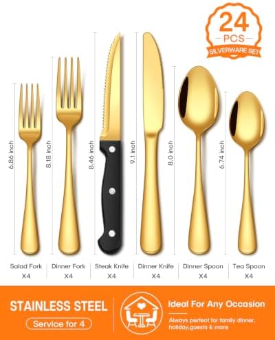 EUIRIO 24 Pcs Gold Silverware Set with Steak Knives Food Grade Stainless Steel Flatware Set for 4 Cutlery Utensil Set Includes Knife Mirror Polished Dishwasher Safe for Home Restaurant
