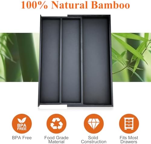 Expandable Black Bamboo Kitchen Utensils Drawer Organizer Silverware Tray