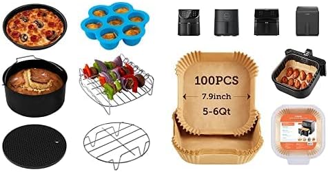 COSORI Air Fryer Accessories, Set of 6 Fit for Most 5-6 QT and Larger Oven, Nonstick Coating, Dishwasher Safe & Air Fryer 100 PCS Non-Stick Square Disposable Paper Liners, 7.9 inch for 5-6QT Basket