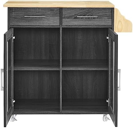 Modway Cuisine Rolling Kitchen Cart with Storage in Charcoal Natural - Portable Island for Kitchen with Spice Rack, Perfect as a Coffee Bar Cabinet, Butcher Block Island or Kitchen Island on Wheels