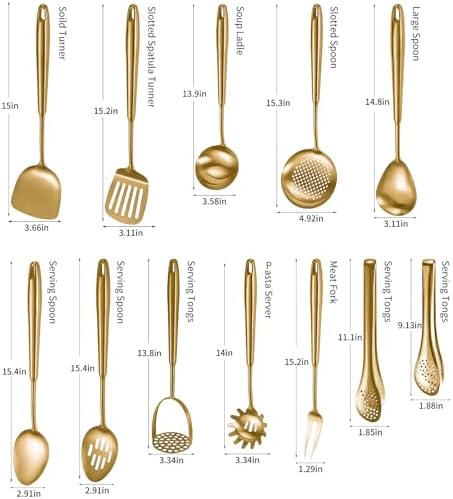 304 Stainlss Steel Matte Kitchen Utensils Set, 12 Pcs Long Metal Cooking Utensil Gadgets Tools Set with Spatula, Ladle, Spoon, Ladle, Skimmer, Tunner, Pasta Server, Tongs(Gold, Dishwasher Safe)