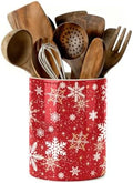 Christmas Snowflake Red Kitchen Utensil Holder, Xmas Winter Large Ceramic Utensil Holder For Countertop Organizer, 6.3'' Cooking Utensil Crocks Festivel Decor Utensil Storage Cup for Kitchen