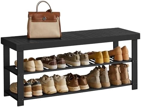 SONGMICS Shoe Rack Bench, 3-Tier Bamboo Entryway Bench, 43 Inches Width