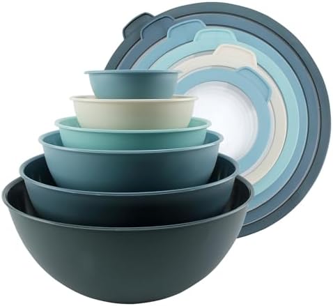 COOK WITH COLOR Mixing Bowls with Lids - 12 Piece Plastic Nesting Bowls Set includes 6 Prep Bowls and 6 Lids, Microwave Safe Mixing Bowl Set, Blue Tritan Lid