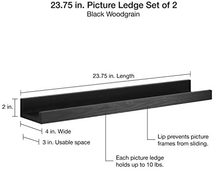 MCS Picture Ledge Shelf, Room Decor Floating Shelf, Black Woodgrain, 23.75 Inch, Set of 2