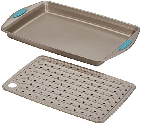 Rachael Ray Cucina Nonstick Bakeware Set with Grips, Nonstick Cookie Sheet / Baking Sheet and Crisper Pan - 2 Piece, Latte Brown with Agave Blue Handle Grips