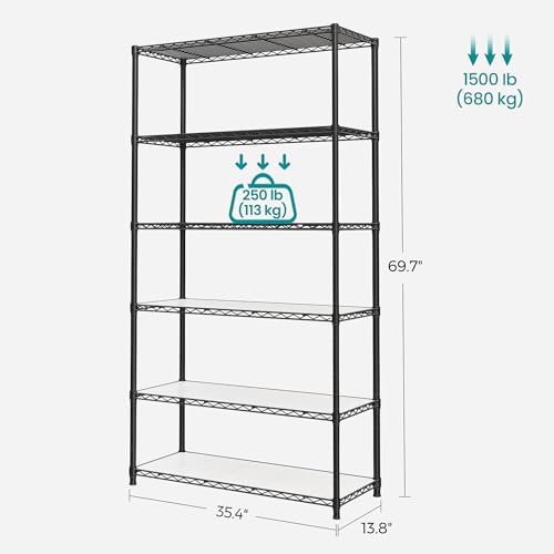 SONGMICS 6-Tier Storage Shelves, Adjustable Wire Shelving Unit, 8 Hooks