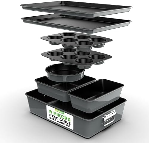 NutriChef 8-Piece Nonstick Stackable Bakeware Set – Non Toxic Carbon Steel Baking Trays W/Cookies Sheet Muffin, Loaf, Cake, Round & Square Pan – Easy To clean & Easy to Release, Oven Safe – Gray