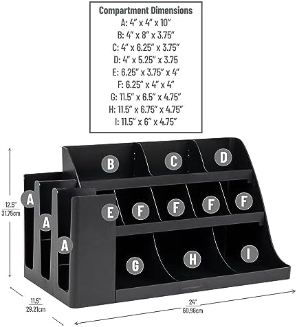 Mind Reader Large Cup and Condiment Station, 14-Compartment Countertop Coffee Organizer for Cups, Lids, Condiments and Supplies, Black