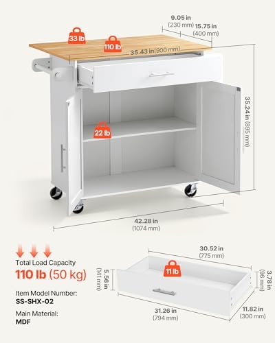 VEVOR Kitchen Island Cart with Storage, 42.28 in Wide Mobile Rolling Storage Island on Swivel Wheels, with Drawer, Storage Cabinet, Drop Leaf, Spice Rack, Table for Home Dining Room, White