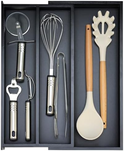 Expandable Black Bamboo Kitchen Utensils Drawer Organizer Silverware Tray