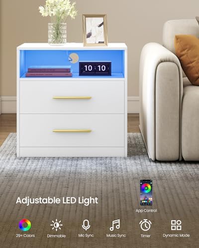 VASAGLE 23.6‑Inch Wide Nightstands, Set of 2, LED Lights, 2 Drawers