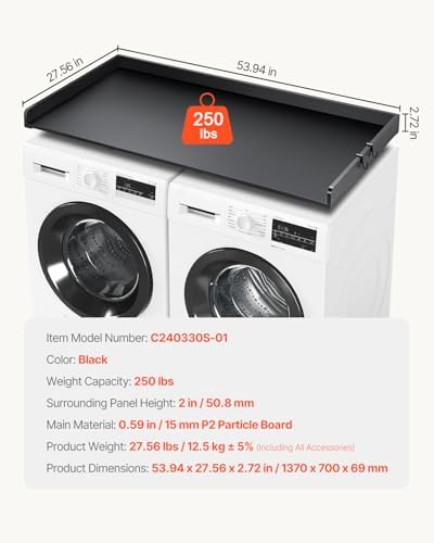 VEVOR Washer Dryer Countertop with 3 Splicing Panels, 54" x 27" Wooden Washer and Dryer Countertop with Non-Slip Pads, Water-Resistant Laundry Topper for Laundry Room Organization and Storage, Black