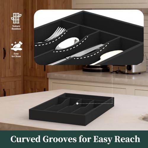 Bamboo Kitchen Sliverware Drawer Organizer (Black, 9.5''W x 13.5''D)