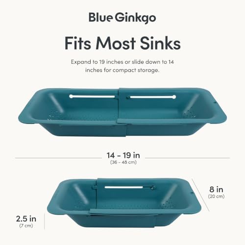 BLUE GINKGO Over the Sink Colander Strainer Basket - Wash Vegetables and Fruits, Drain Cooked Pasta and Dry Dishes - Extendable - New Home Kitchen Essentials (7.9 W x 14.5-19.5 L x 2.75 H) - Teal