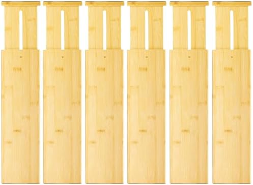 VaeFae 6 Pack Bamboo Drawer Dividers, 4" High Adjustable 16.6" - 21.8" Clothes Drawer Organizers, Expandable Separators for Bedroom/Bathroom/Kitchen/Office Storage