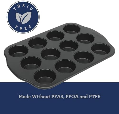 Oster Teston 12-Cup Muffin Pan, Nonstick Carbon Steel Cupcake Baking Tray, Matte Black, PFAS-Free, Easy Release, Oven-Safe Bakeware