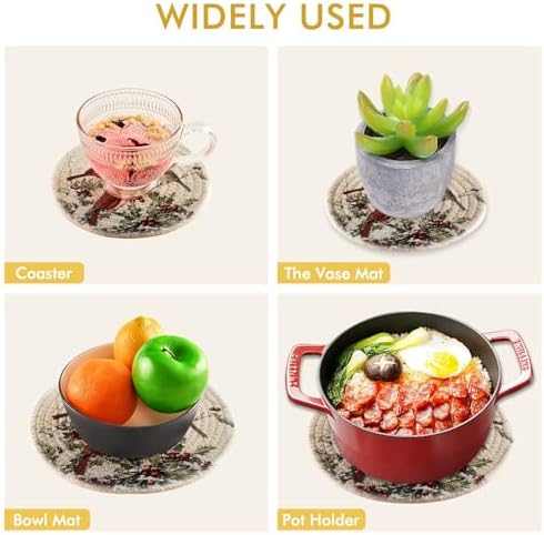 Gorgeous 2 Pcs Woven Potholders Trivets Set, Winter Holly Branch Cardinal Tit Birds Round Hot Mats Coasters Placemats for Kitchen Cooking Baking Hot Dish Pan Pot Bowl Teapot(7&9 Inches)